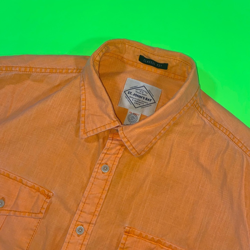 St Johns Bay Mens Orange Short Sleeve Button Down Shirt Classic Fit Large L